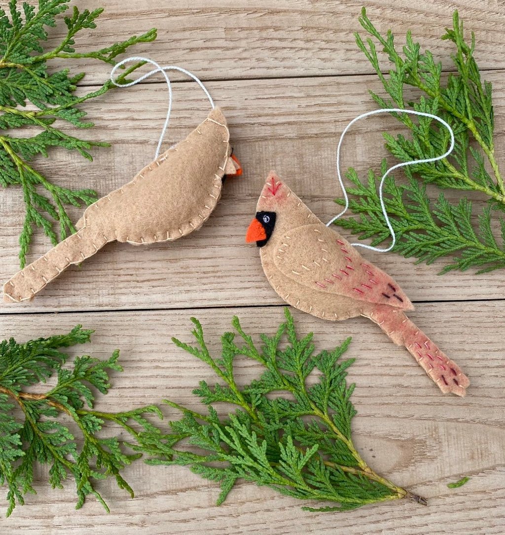 Set of 2 Male Female Cardinal Ornament, Felt Handmade Ornaments, Red Beige Felt Ornament