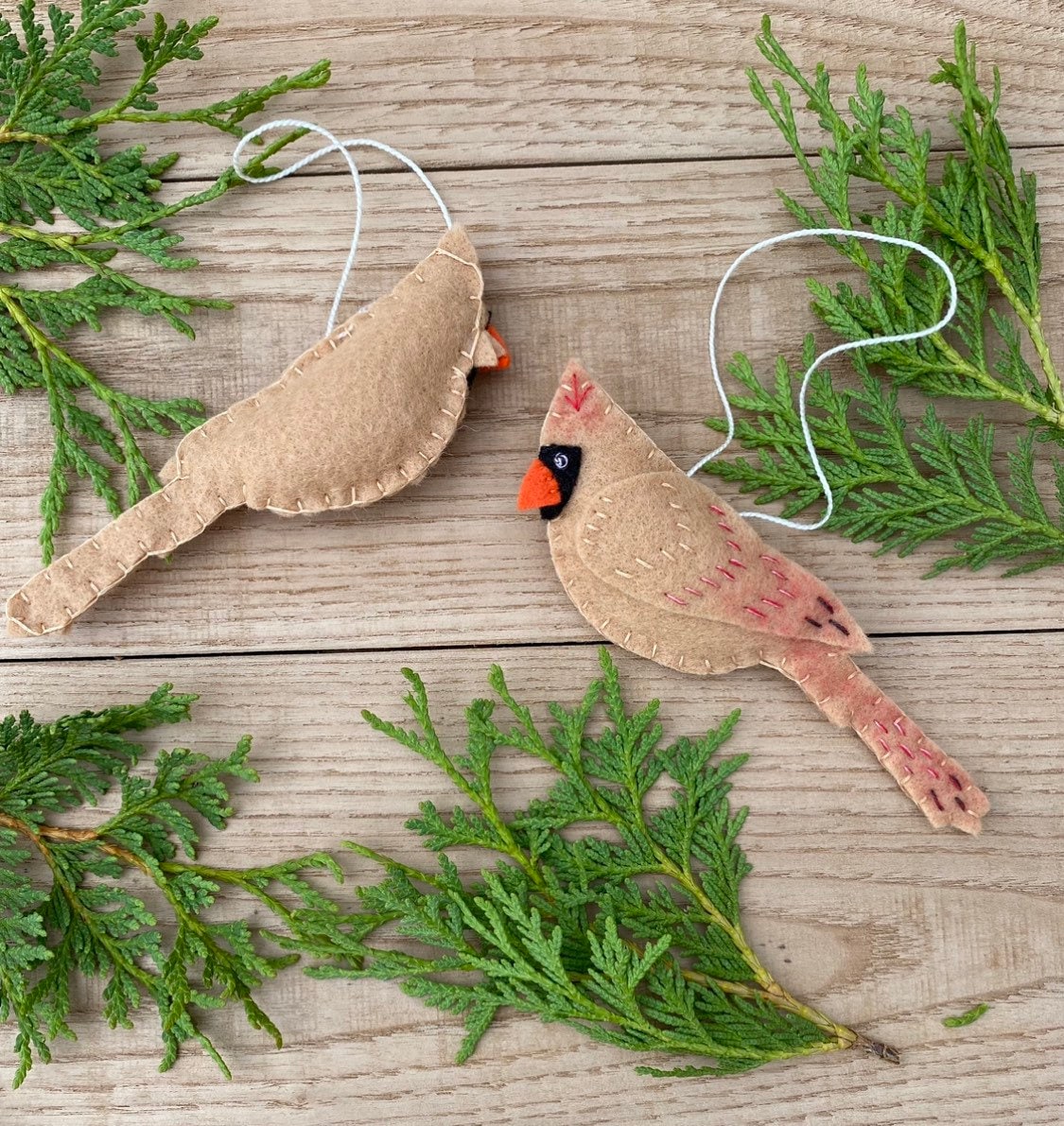 Set of 2 Male Female Cardinal Ornament, Felt Handmade Ornaments, Red Beige Felt Ornament
