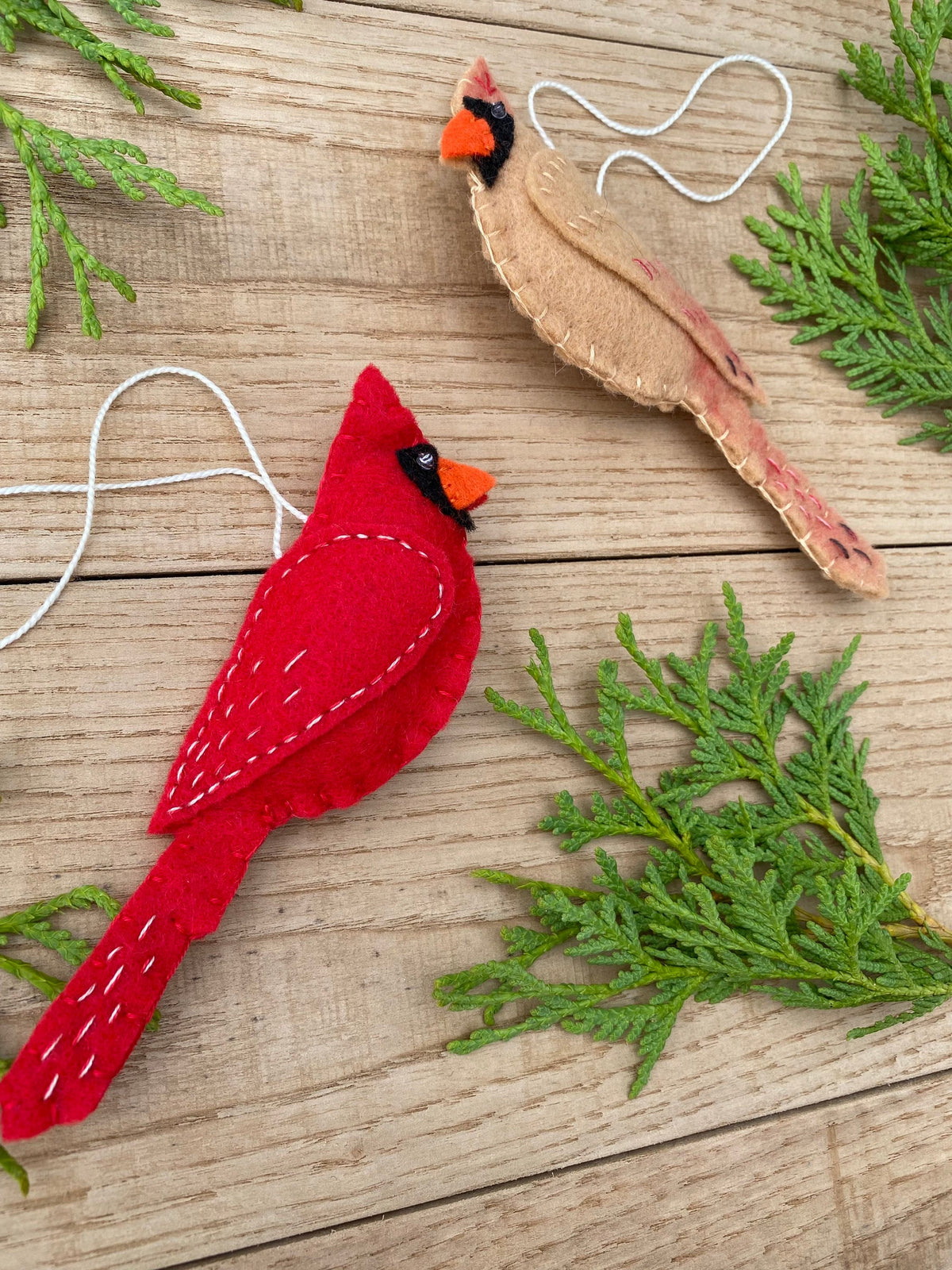 Set of 2 Male Female Cardinal Ornament, Felt Handmade Ornaments, Red Beige Felt Ornament