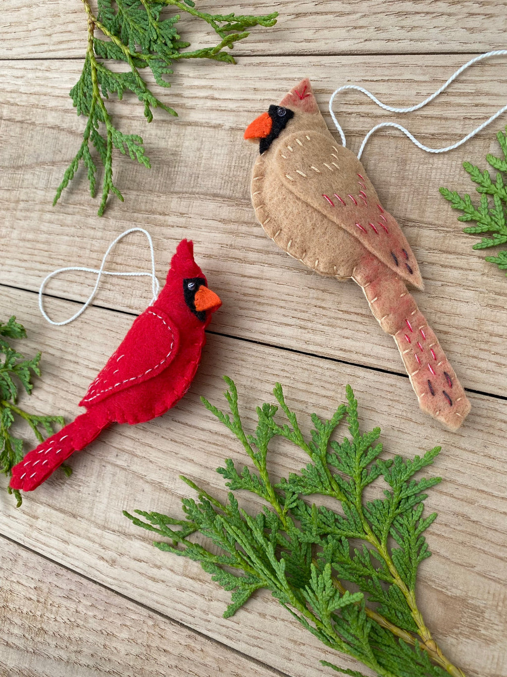 Set of 2 Male Female Cardinal Ornament, Felt Handmade Ornaments, Red Beige Felt Ornament