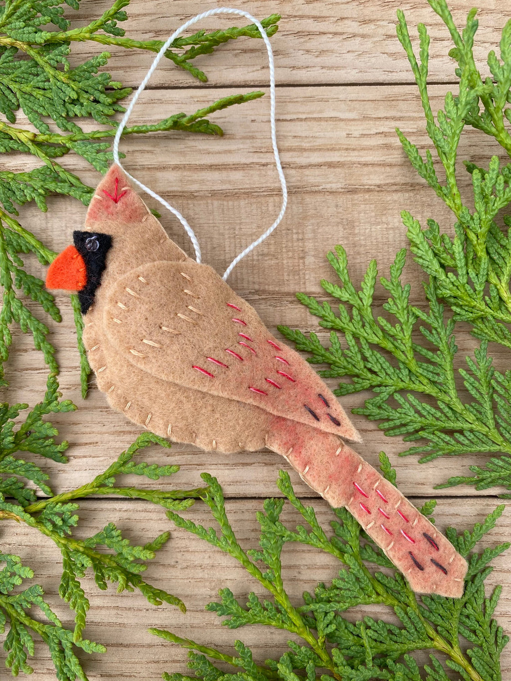 Set of 2 Male Female Cardinal Ornament, Felt Handmade Ornaments, Red Beige Felt Ornament