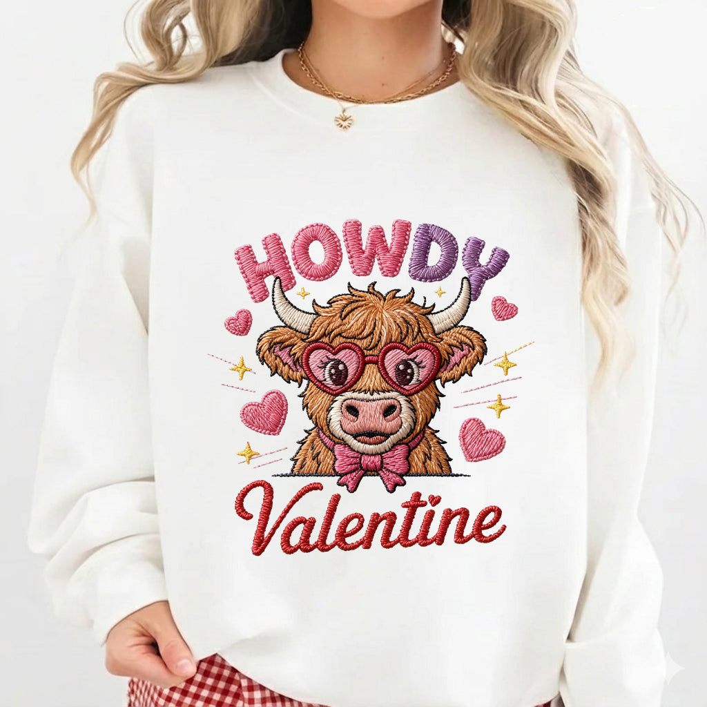 Highland Cow Embroidered Sweatshirt – Cute Holiday Farm Cow Lights Sweater, Cozy Country Gift