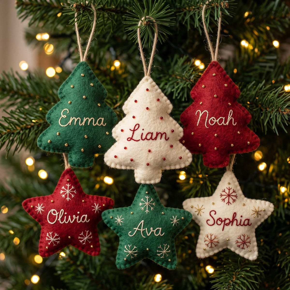 Personalized Felt Christmas Ornaments, Custom Name Tree Decor, Kid Safe Ornament Set