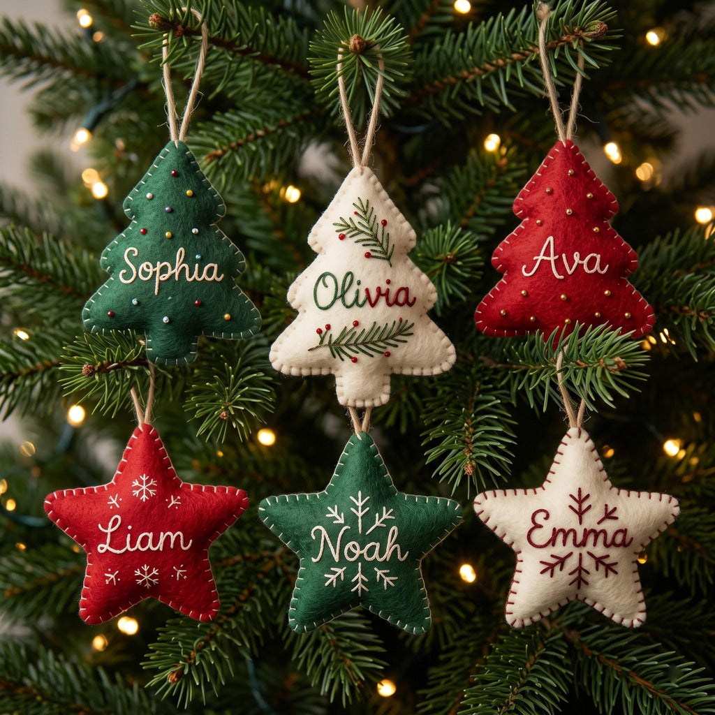 Personalized Felt Christmas Ornaments, Custom Name Tree Decor, Kid Safe Ornament Set