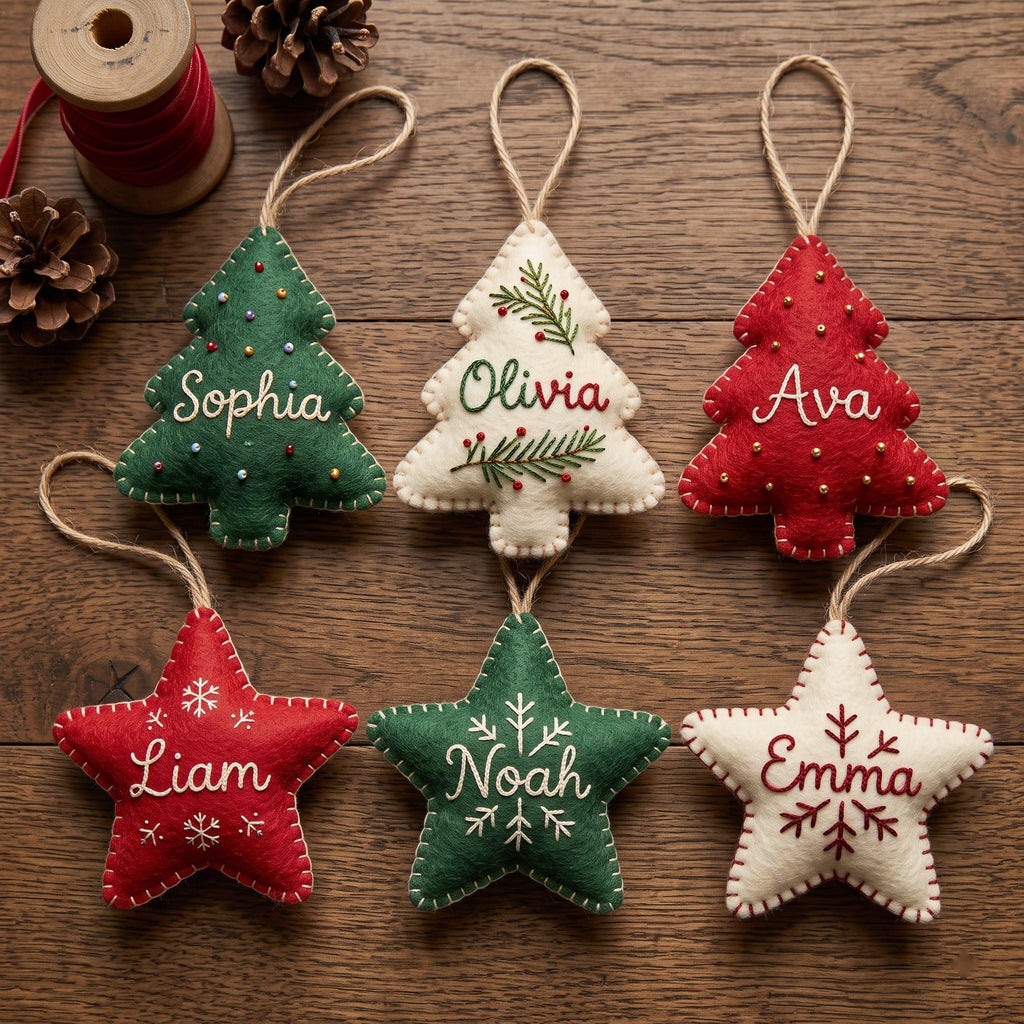 Personalized Felt Christmas Ornaments, Custom Name Tree Decor, Kid Safe Ornament Set