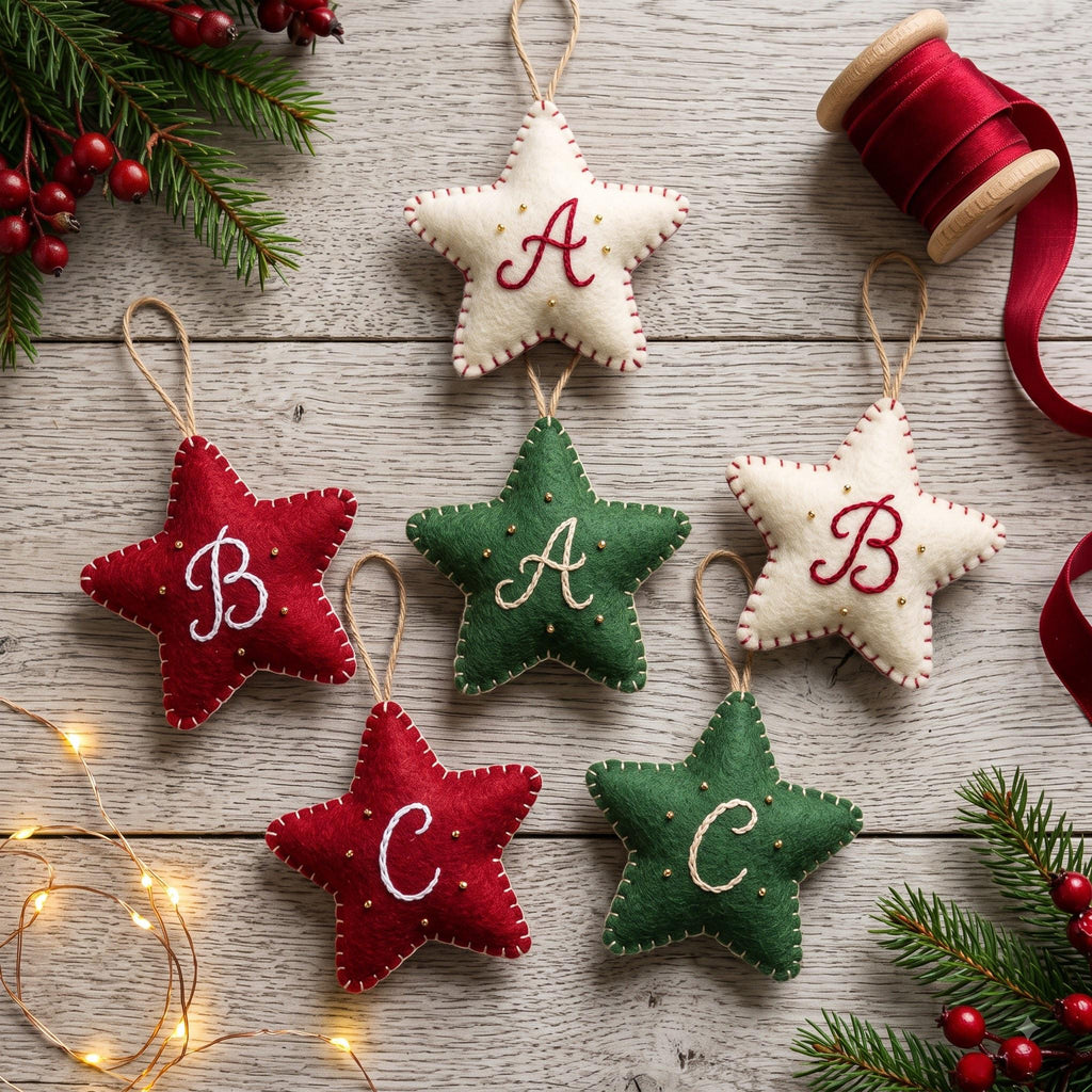 May include: Six star-shaped felt ornaments with hanging loops, featuring embroidered letters A, B, or C in red, white, or green. Each ornament has a blanket-stitched edge and small gold bead accents. The letters are stitched in a cursive font.