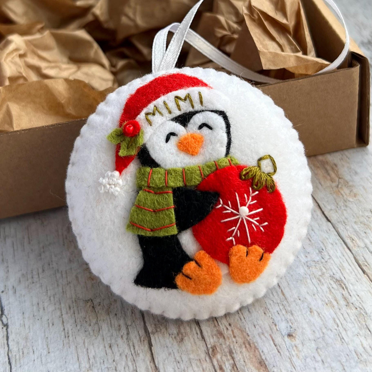 Personalized Penguin Christmas Ornament, Handmade Felt Xmas Tree Decoration