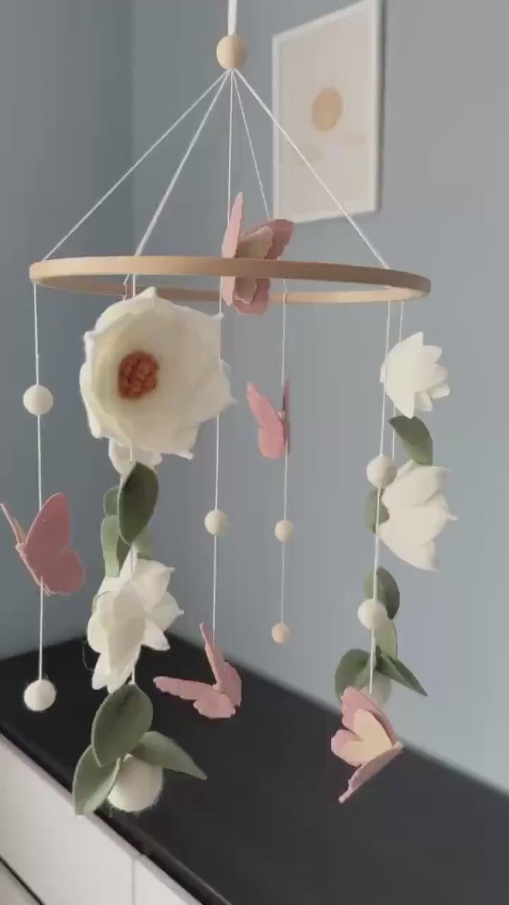 Floral Butterfly Baby Mobile, Handmade Felt Crib Mobile with Flowers and Butterflies, Girl Nursery Decor, Baby Shower Gift BBMB45