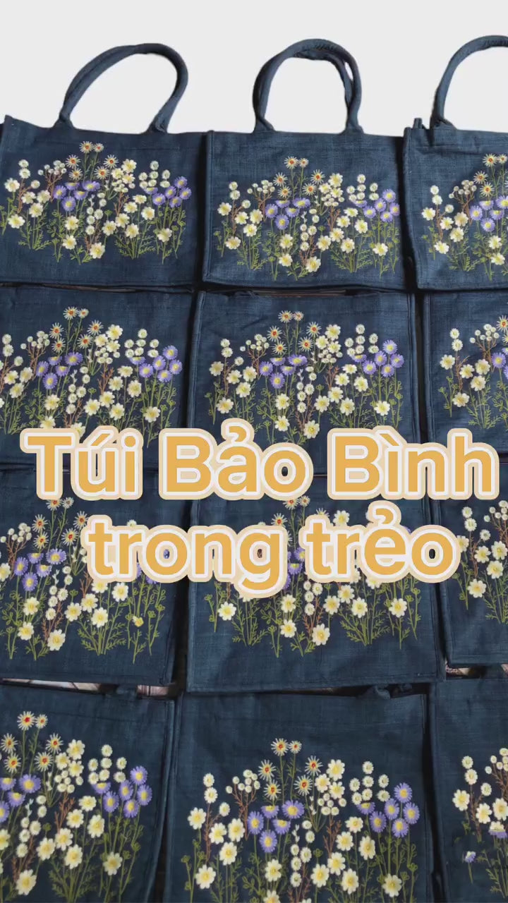 Wildflower Embroidered Tote Bag, Blue Denim Shoulder Bag, Aesthetic Boho Gift, Handmade Purse