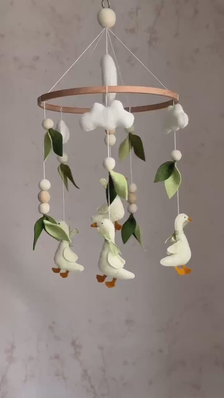 Goose Felt Baby Mobile, Handmade Felt Crib Mobile with Farm Animals Leaves and Moon, Neutral Nursery Decor, Baby Room Gift BBMB44