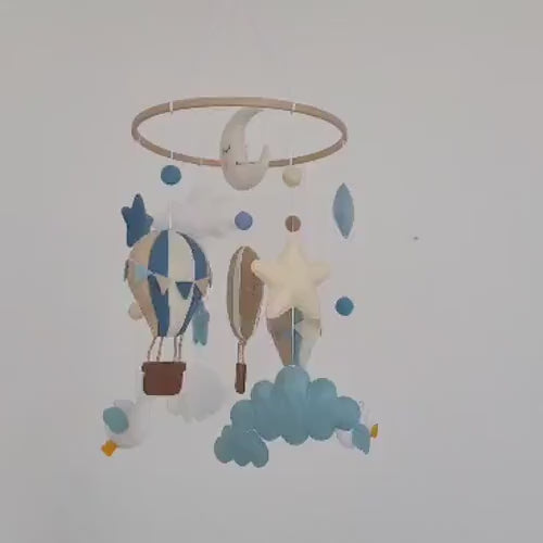 Hot Air Balloon Baby Mobile, Handmade Felt Crib Mobile with Clouds Birds Moon Stars, Adventure Nursery Decor, Baby Gift BBMB37