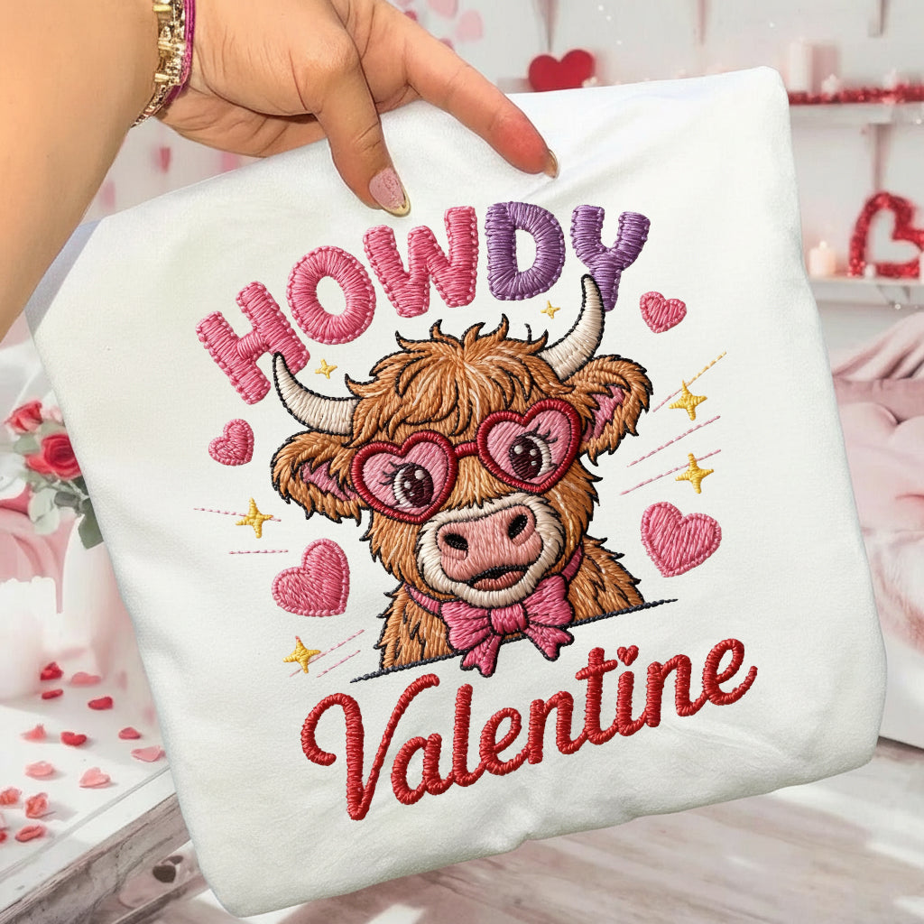 Highland Cow Embroidered Sweatshirt – Cute Holiday Farm Cow Lights Sweater, Cozy Country Gift