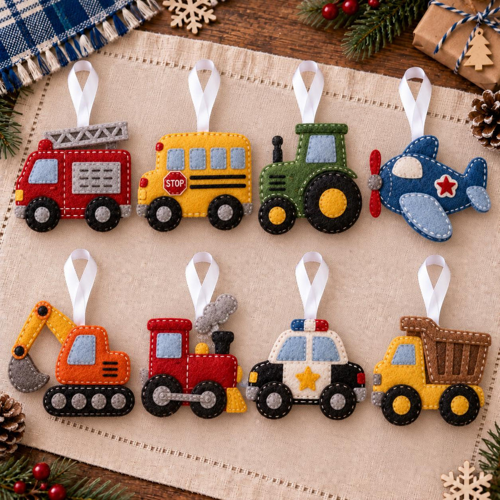 May include: A set of eight felt vehicle ornaments featuring a red fire truck, yellow school bus, green tractor, blue airplane, orange excavator, red steam train, black and white police car, and yellow dump truck, each with a white ribbon loop.