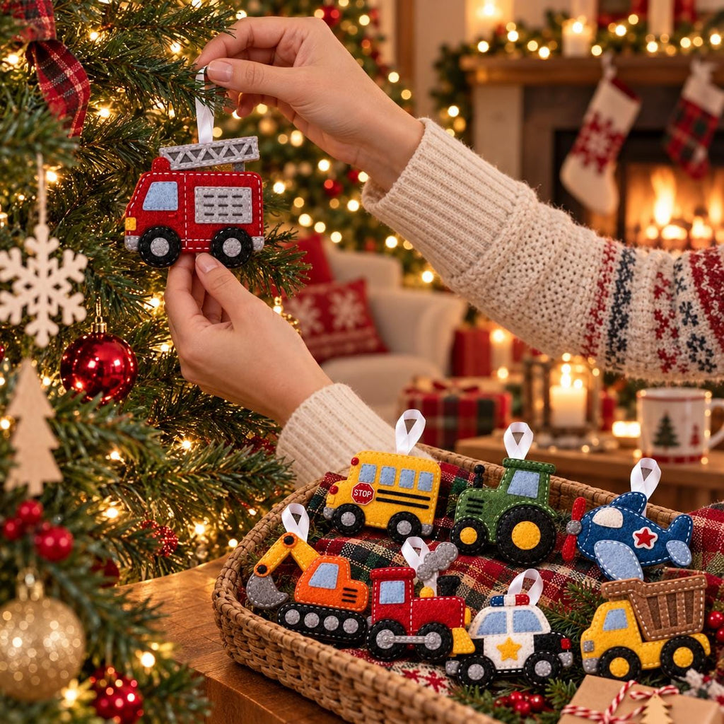 May include: A collection of felt vehicle ornaments including a red fire truck, yellow school bus, green tractor, blue airplane, orange excavator, red train, white police car, and yellow dump truck, each featuring a white ribbon loop for hanging.