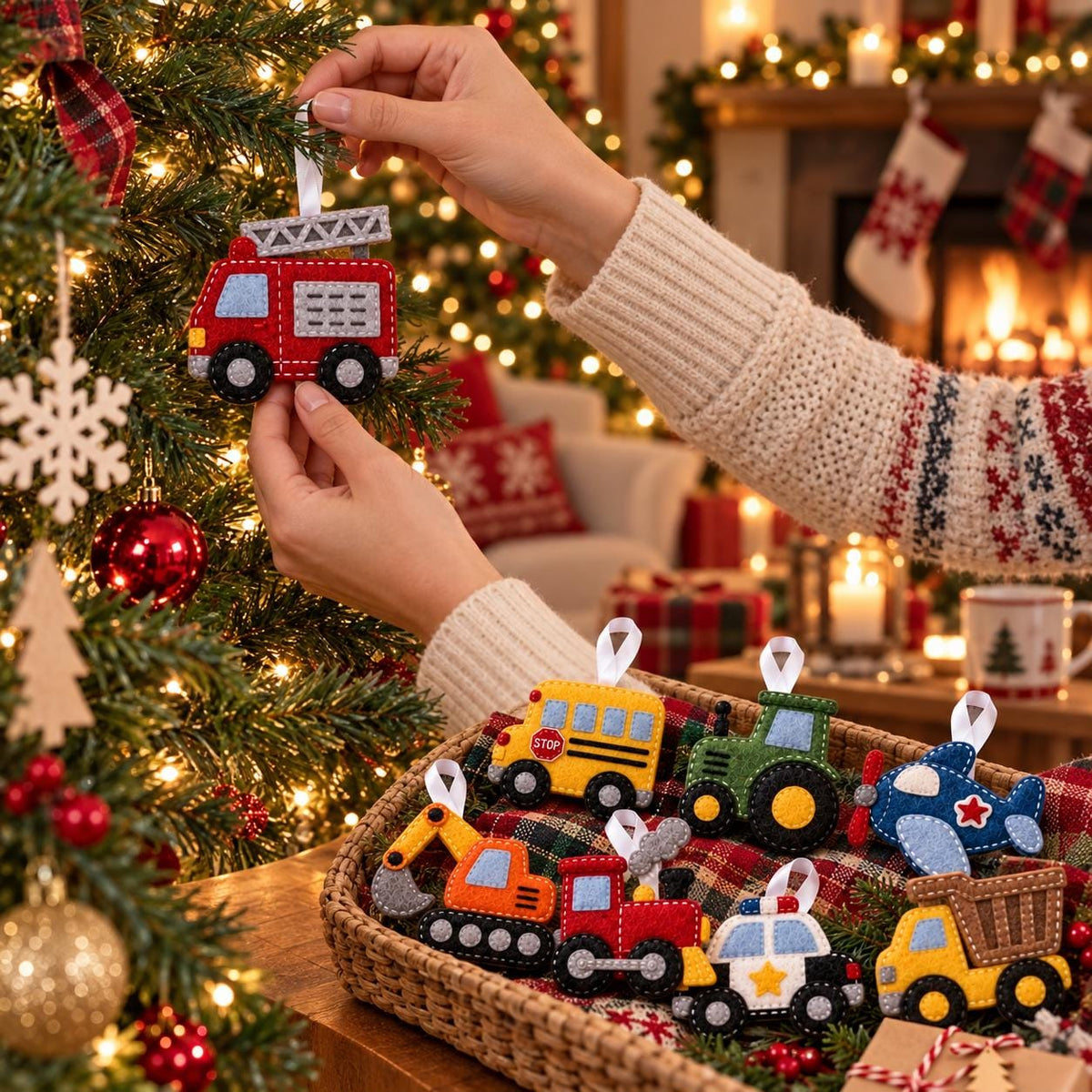 May include: A collection of felt vehicle ornaments including a red fire truck, yellow school bus, green tractor, blue airplane, orange excavator, red train, white police car, and yellow dump truck, each featuring a white ribbon loop for hanging.