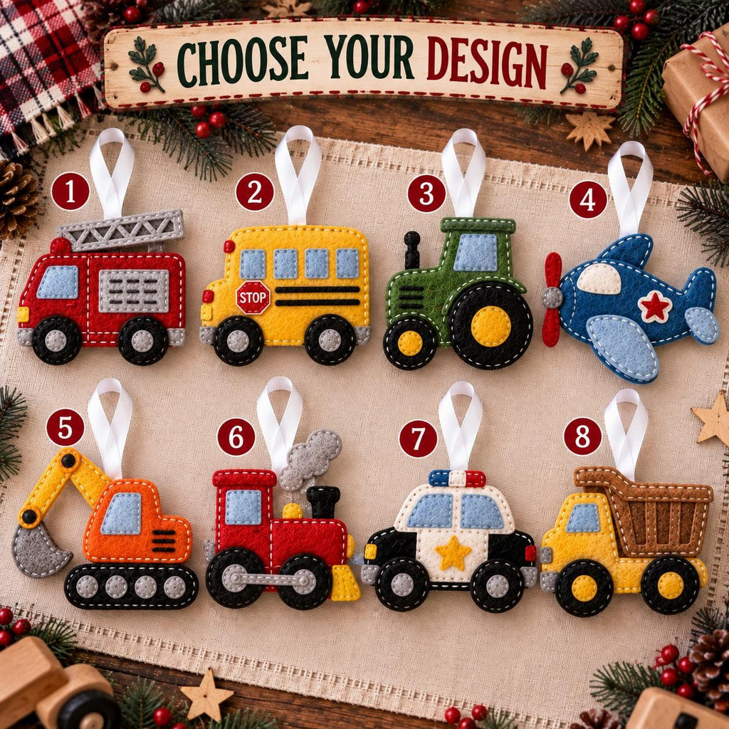 May include: Eight felt vehicle ornaments with white ribbon loops, numbered one through eight. Designs include a red fire truck, yellow school bus, green tractor, blue airplane, orange excavator, red steam train, police car, and yellow dump truck.
