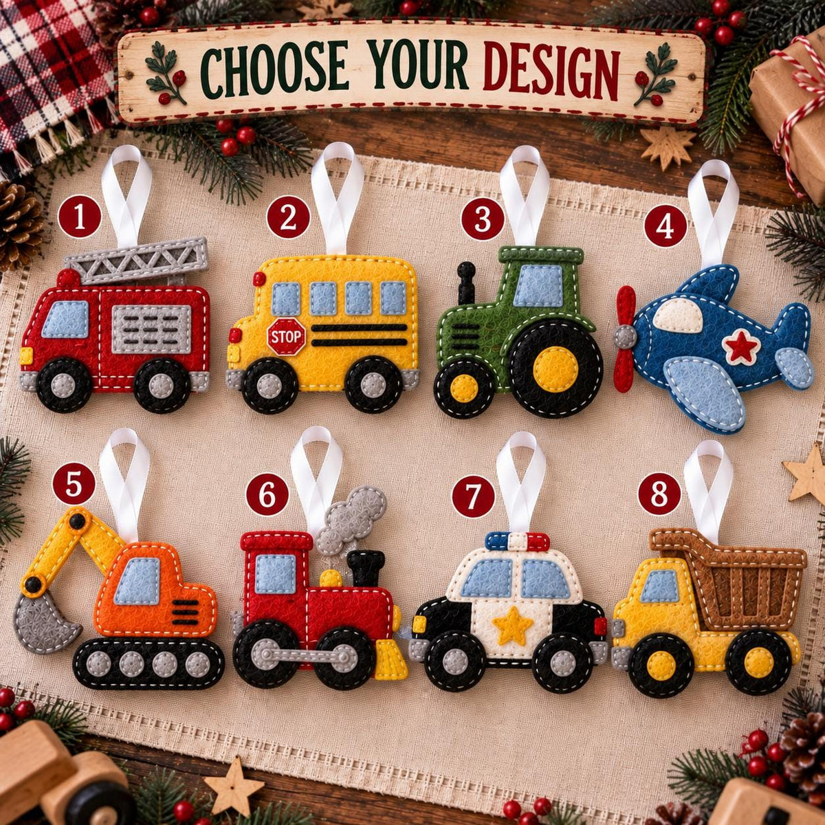 May include: Eight felt vehicle ornaments with white ribbon loops, numbered one through eight. Designs include a red fire truck, yellow school bus, green tractor, blue airplane, orange excavator, red steam train, police car, and yellow dump truck.
