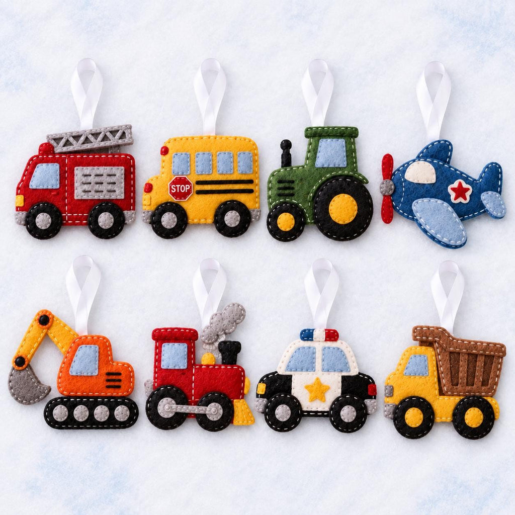 May include: A set of eight felt vehicle ornaments with white ribbon loops for hanging. The collection includes a red fire truck, yellow school bus, green tractor, blue airplane, orange excavator, red steam train, police car, and yellow dump truck.