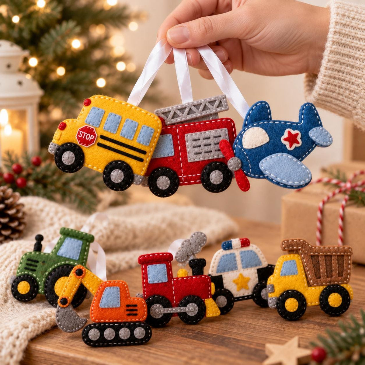 May include: A collection of felt ornaments shaped like vehicles, including a yellow school bus with a stop sign, a red fire truck, a blue airplane, a green tractor, an orange excavator, a red train, a police car, and a yellow dump truck.