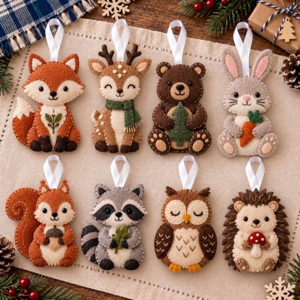 May include: Eight felt animal ornaments with white ribbon loops, including a fox, deer with a green scarf, bear holding a tree, rabbit with a carrot, squirrel with an acorn, raccoon with a leaf, owl, and hedgehog holding a red mushroom.