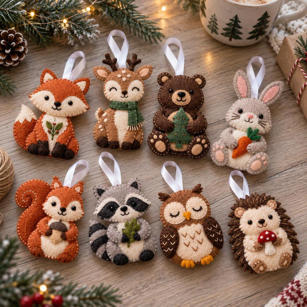 May include: A set of eight felt animal ornaments featuring a fox, deer, bear, rabbit, squirrel, raccoon, owl, and hedgehog. Each ornament has a white ribbon loop for hanging and displays detailed stitching, soft textures, and festive elements.