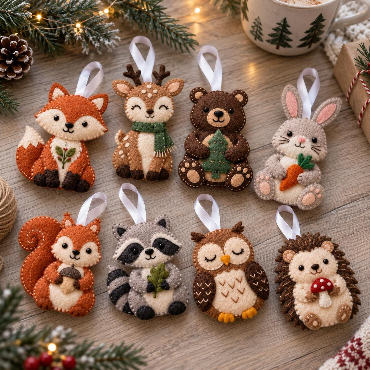 May include: A set of eight felt animal ornaments featuring a fox, deer, bear, rabbit, squirrel, raccoon, owl, and hedgehog. Each ornament has a white ribbon loop for hanging and displays detailed stitching, soft textures, and festive elements.