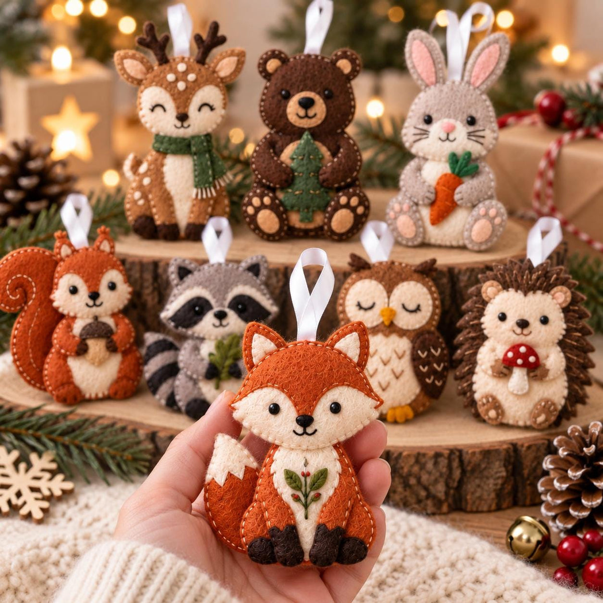 May include: A collection of felt animal ornaments including a deer, bear, rabbit, squirrel, raccoon, owl, hedgehog, and a fox held in the foreground. Each ornament features detailed stitching, a white ribbon loop for hanging, and seasonal accents.