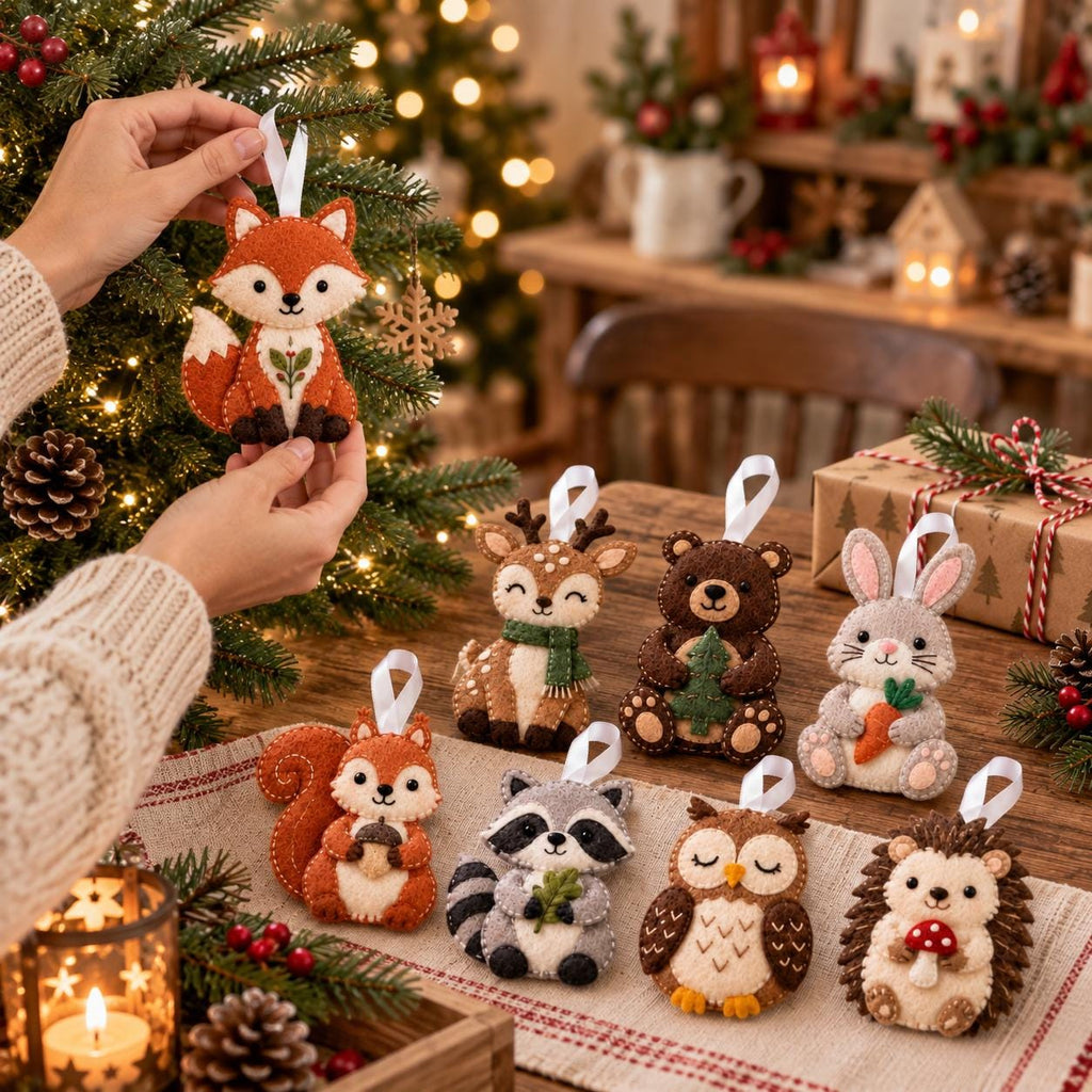 May include: A collection of felt animal ornaments including a fox, deer, bear, rabbit, squirrel, raccoon, owl, and hedgehog. Each ornament features a white ribbon loop for hanging and displays detailed stitching, soft textures, and woodland motifs.