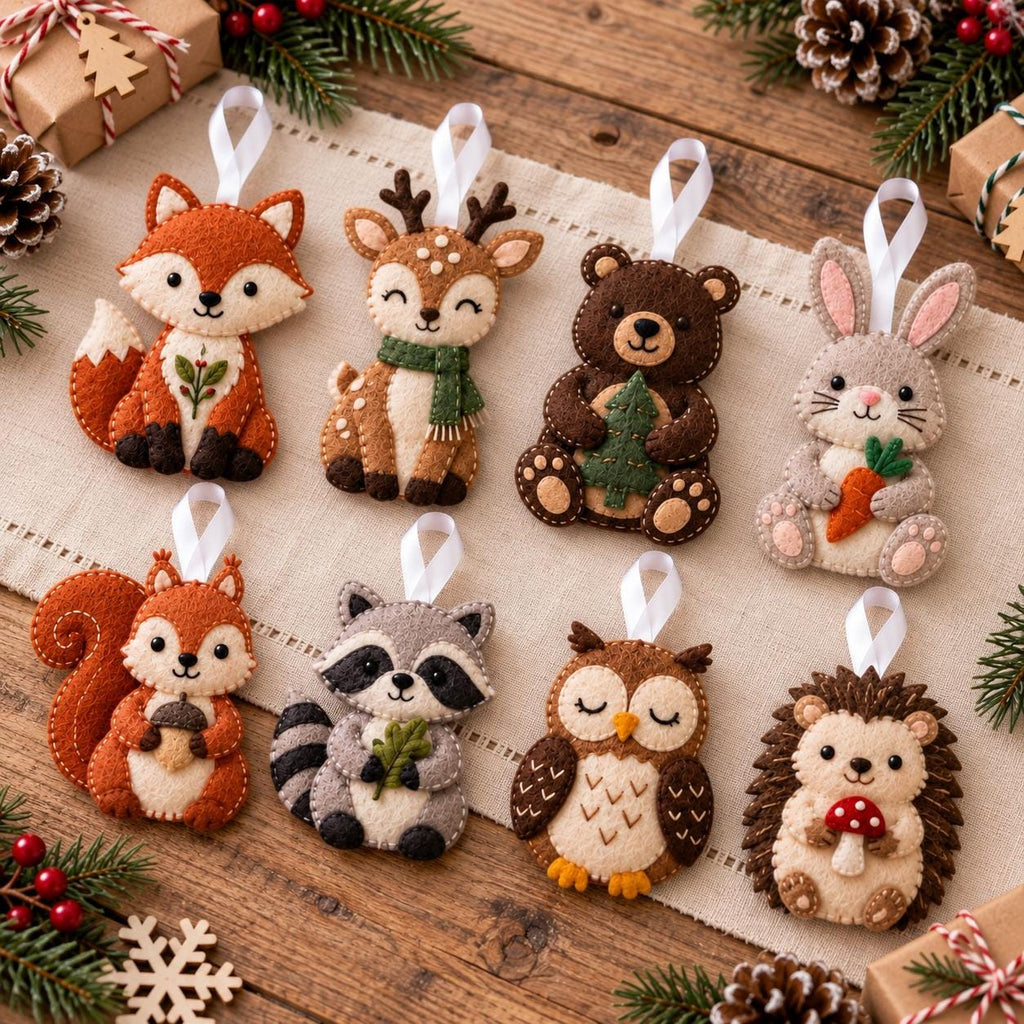 May include: A set of eight felt animal ornaments featuring a fox, deer, bear, rabbit, squirrel, raccoon, owl, and hedgehog. Each ornament has a white ribbon loop for hanging and displays detailed stitching, soft textures, and woodland-themed accessories.