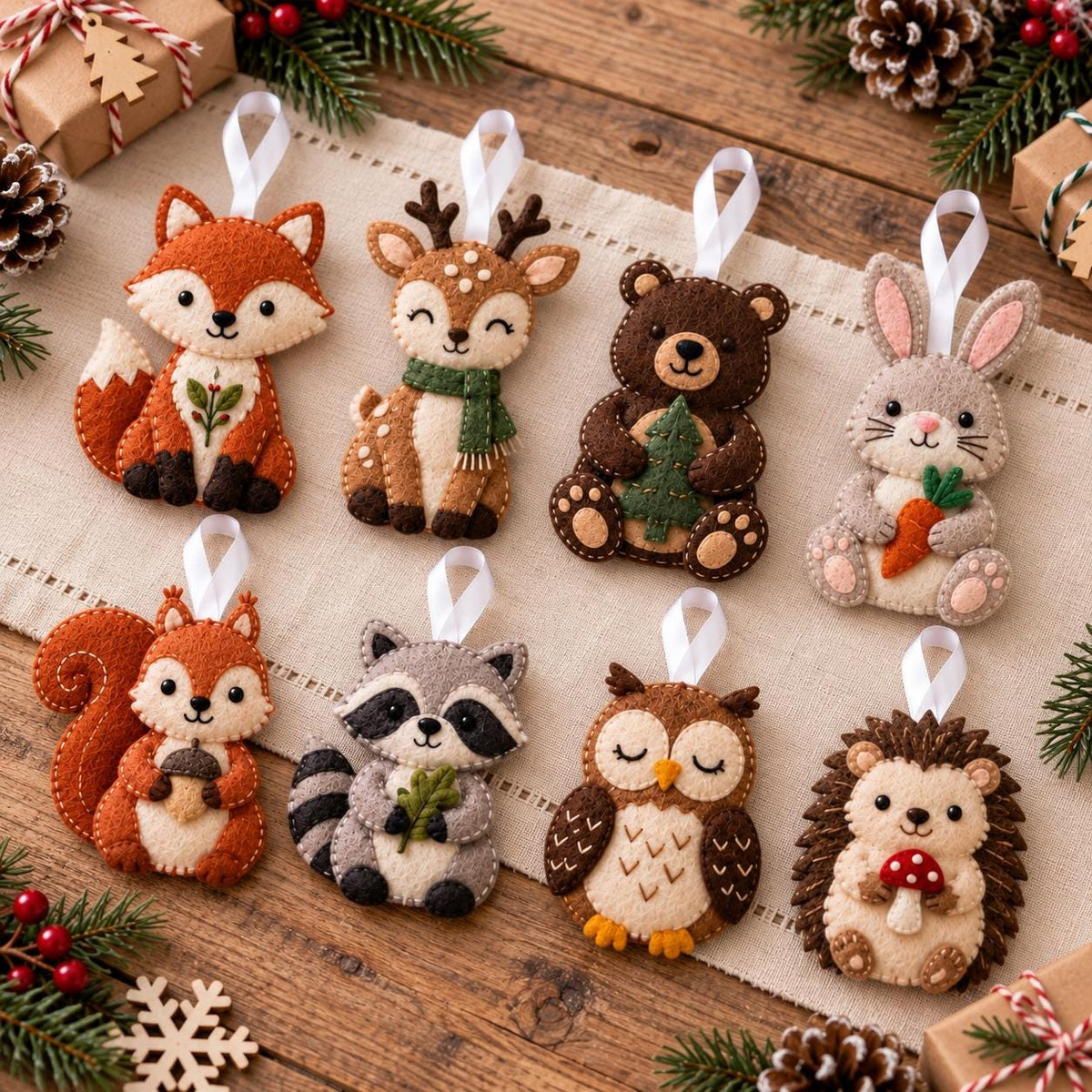 May include: A set of eight felt animal ornaments featuring a fox, deer, bear, rabbit, squirrel, raccoon, owl, and hedgehog. Each ornament has a white ribbon loop for hanging and displays detailed stitching, soft textures, and woodland-themed accessories.