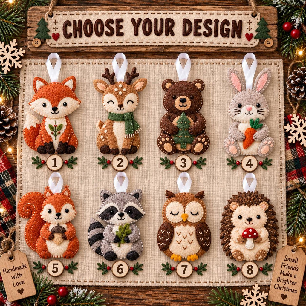 May include: A set of eight felt animal ornaments arranged on a beige fabric board with the text CHOOSE YOUR DESIGN. The ornaments include a fox, deer, bear, rabbit, squirrel, raccoon, owl, and hedgehog, each numbered one through eight.